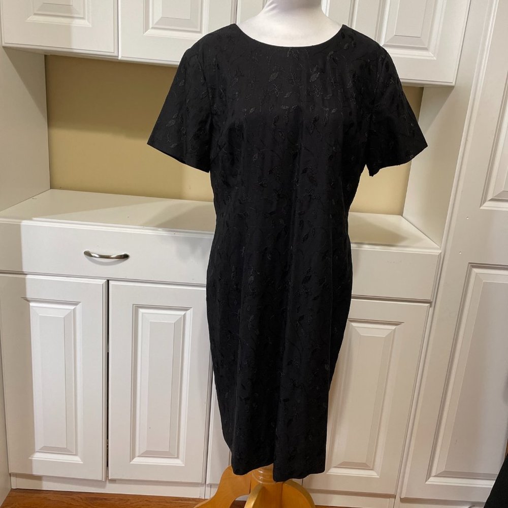 Talbots Womens 14 Black Lined Linen Blend Embroidered Short Sleeve Dress Vtg 80s